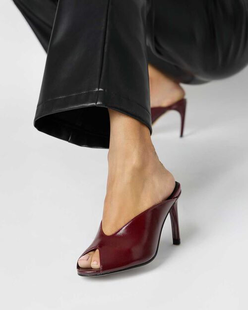 Mules open toe bordeaux con tacco 8,7 cm, BURGUNDY