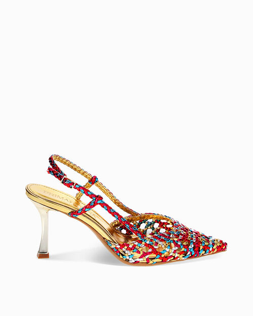 D&eacute;collet&eacute; slingback donna multicolor intrecciate, tacco 7,5 cm, MULTICOLOR-RED