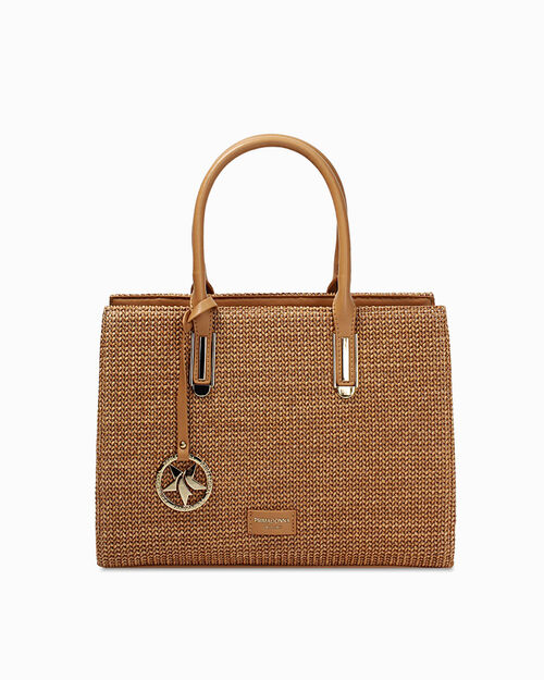 Borsa a mano cognac con tracolla removibile, COGNAC