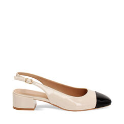 Décolleté slingback donna beige-nere basse in vernice, tacco 4 cm, Primadonna, 254962707VEBENE035, 001a