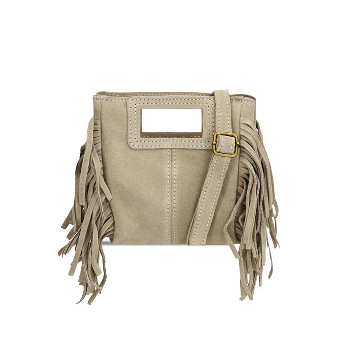 Mini bag squadrata da donna in camoscio taupe con frange, Primadonna, 250804775CMTAUPUNI