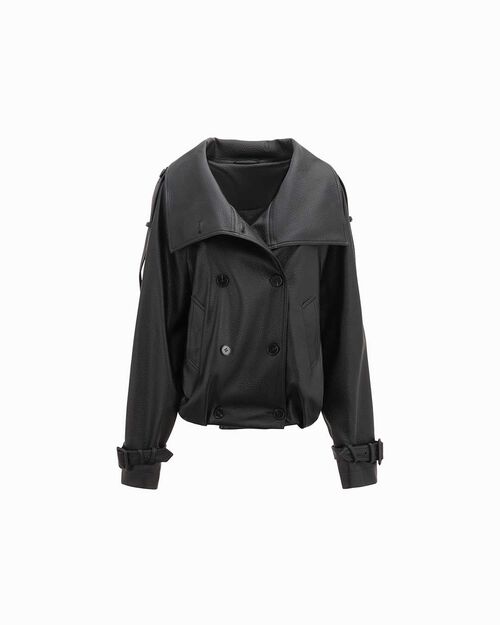 Giubbino nero oversize con colletto ampio, BLACK