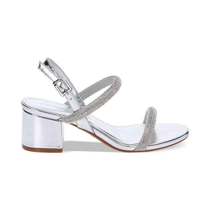 Sandali argento in laminato con pietre, tacco 5,5 cm, Primadonna, 232770365LPARGE038
