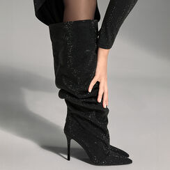 Stivali sopra il ginocchio in microfibra nera con pietre, Primadonna, 262130622MPNENE036, 003 preview