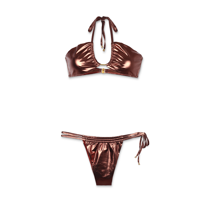 Bikini da donna in tessuto laminato marrone