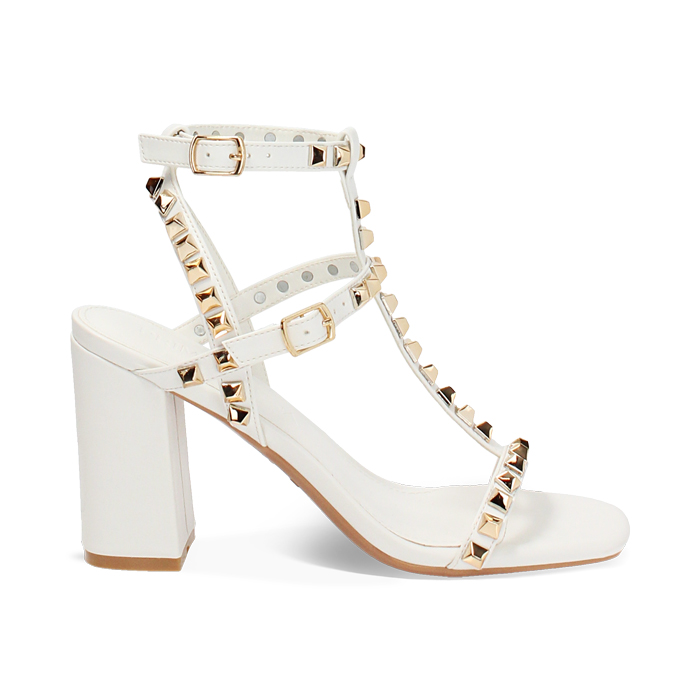 Sandalo donna bianco con borchie, tacco 8,5 cm