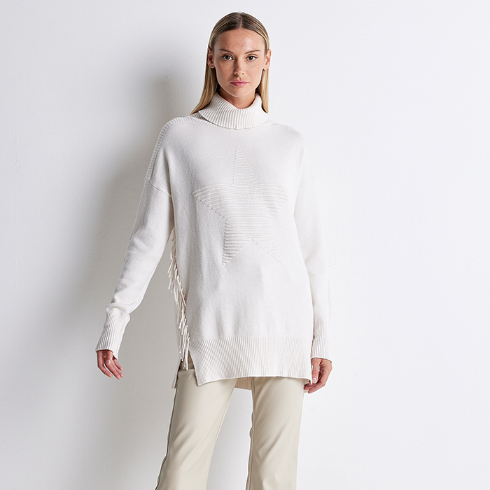 Maglione maxi beige con frange