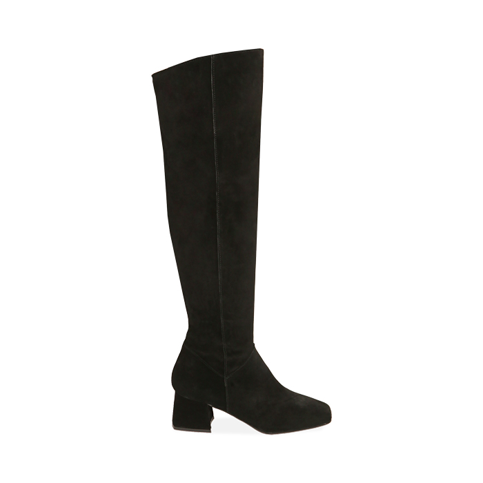Stivali overknee neri in camoscio, tacco 6 cm 