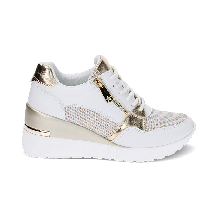 Sneakers bianco/oro, zeppa 7 cm