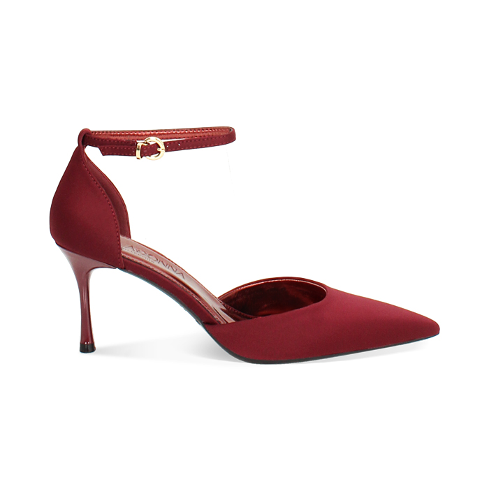Décolleté open shank bordeaux in tessuto con tacco 7,5 cm