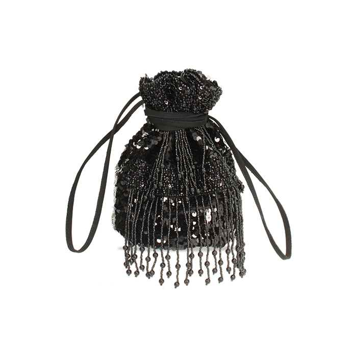 Mini bag a sacchetta nera in paillettes