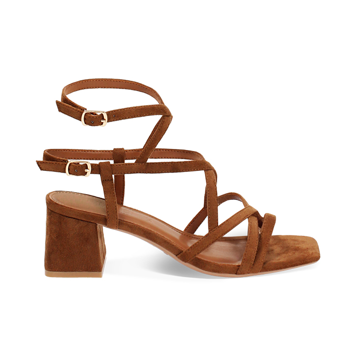 Sandalo donna cognac in microfibra, tacco largo 5,5 cm