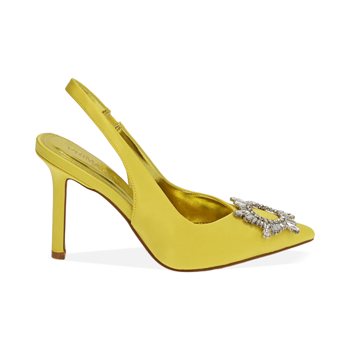 Zapatos destalonados amarillo en raso, tacón 10 cm