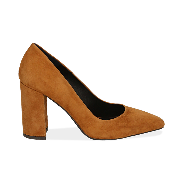 Décolleté cuoio in camoscio, tacco colonna 9 cm 