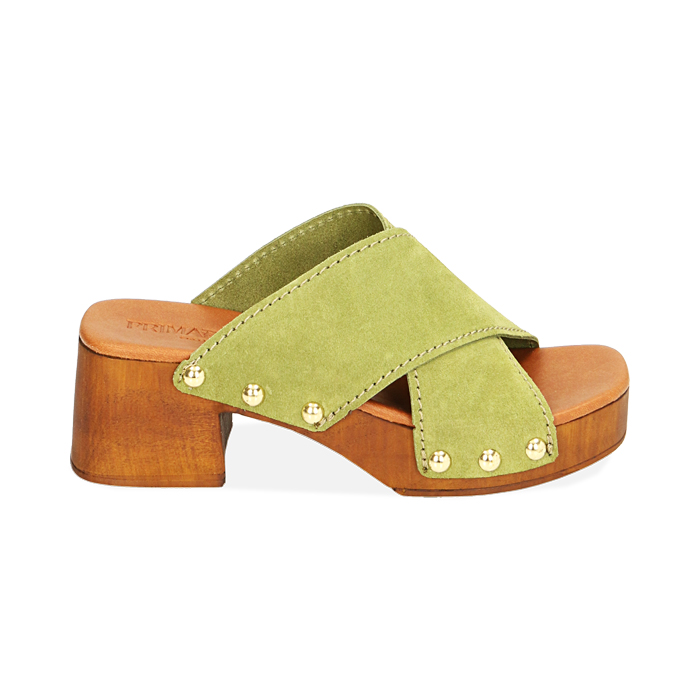 Sandali verdi in camoscio, tacco 5,5 cm