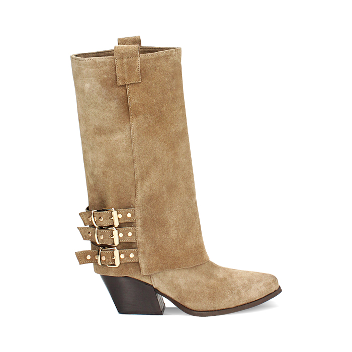 Tronchetti texani in camoscio taupe con tacco 6 cm