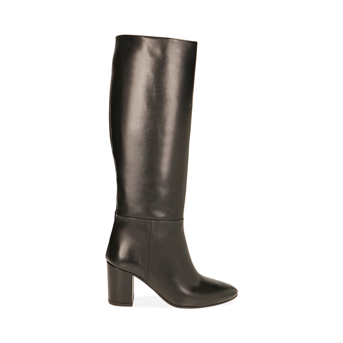Stivali neri in pelle, tacco 7,5 cm 