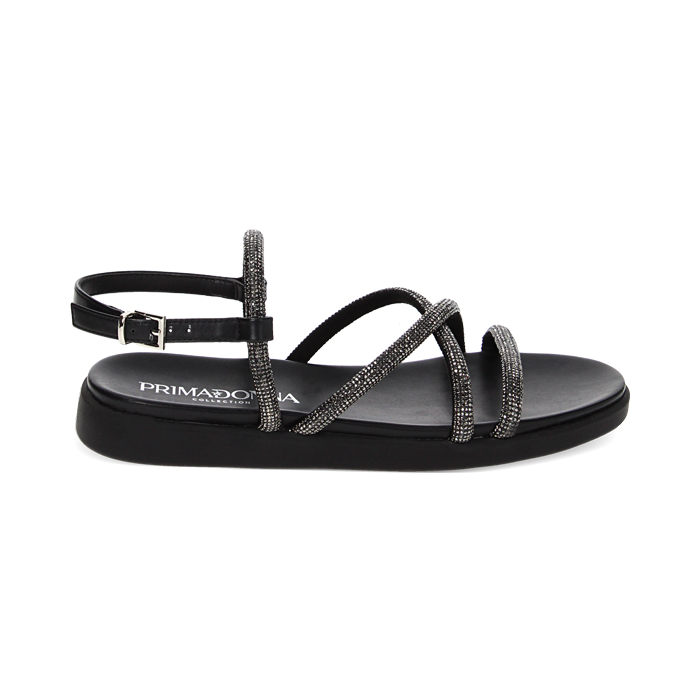 Sandales plates noires en tissu avec pierres