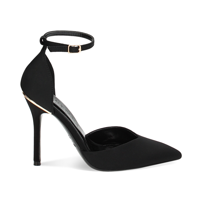 Décolleté open shank nere in tessuto, tacco 10,5 cm
