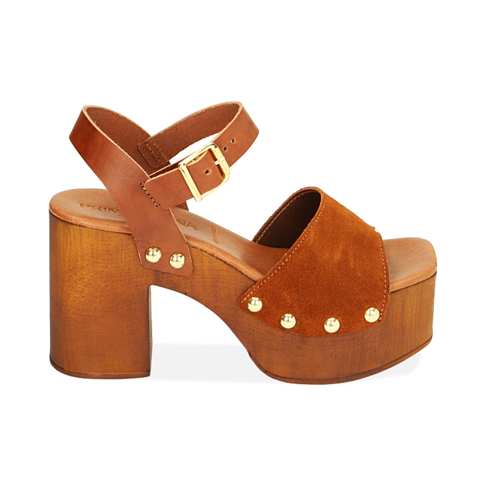 Sandali platform cognac in camscio, 9 cm