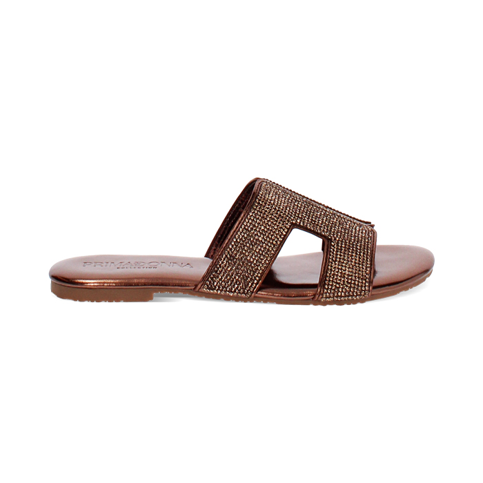 Sandaletto con tomaia laminata in strass color bronzo