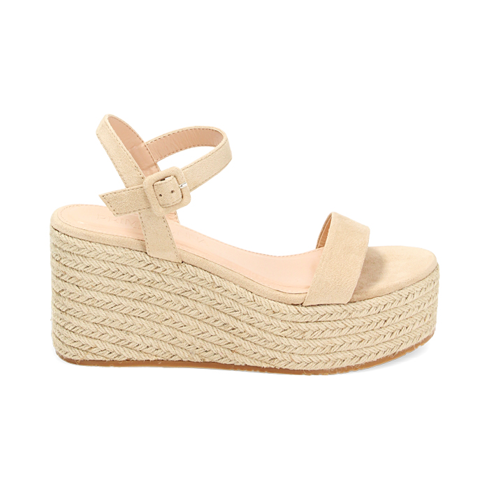 Zeppe beige in microfibra, platform in rafia 8,5 cm