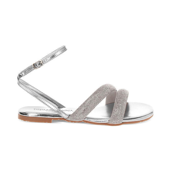 Sandali bassi donna argento in laminato con pietre