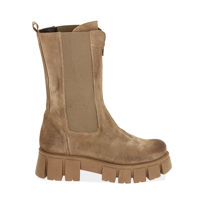 Chelsea boots taupe in camoscio, tacco 5 cm 