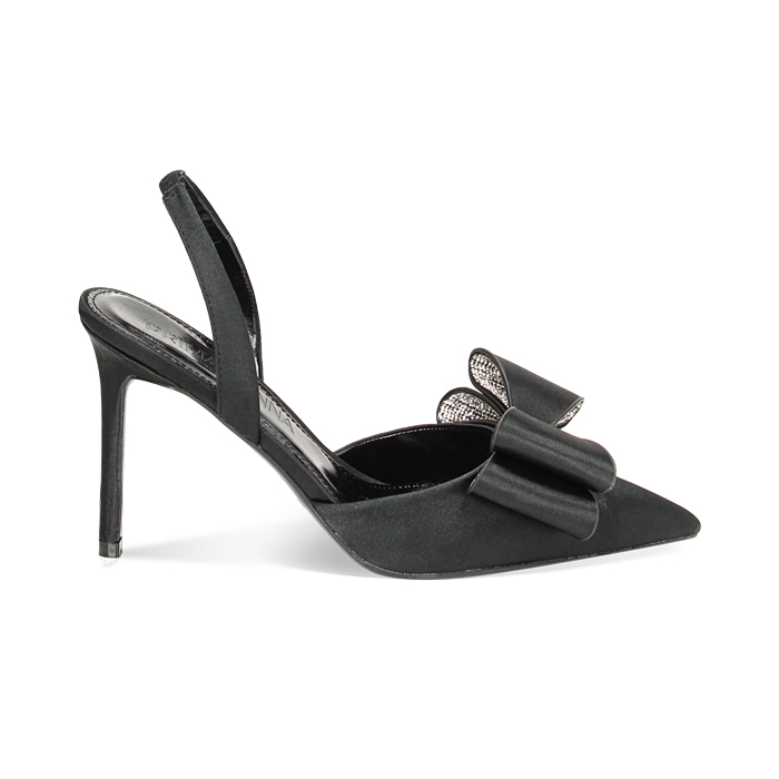 Décolleté slingback nera in raso, tacco 9,5 cm