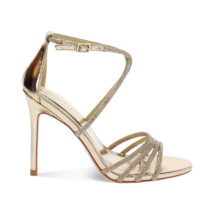 Sandalo donna dorato con strass, tacco 10,5 cm
