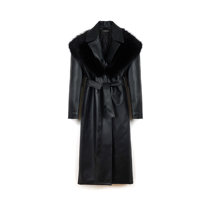 Trench nero da donna con collo in pelliccia sintetica