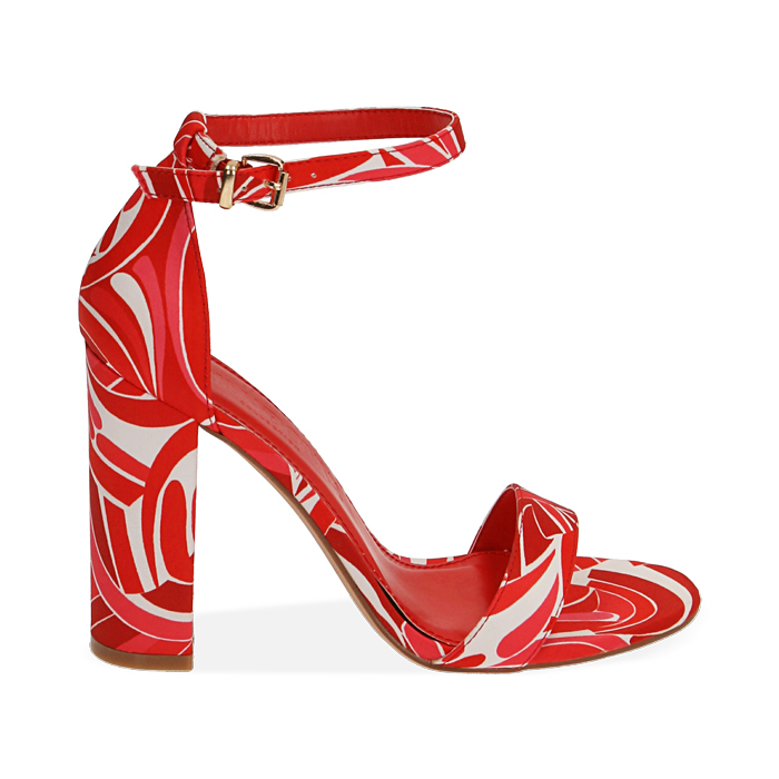 Sandalias tie-dye rojo de raso, tacón de 10,5 cm