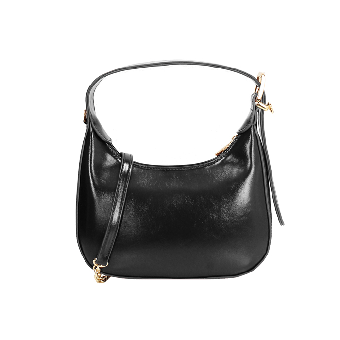 Mini bag nera in materiale lucido con tracolla removibile
