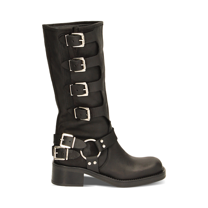 Stivaletti donna biker con fibbie neri in nabuka Primadonna Collection