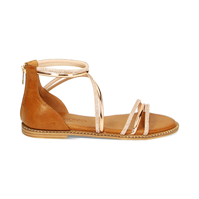 Sandalias bajos mujer rosa oro espejo con piedras