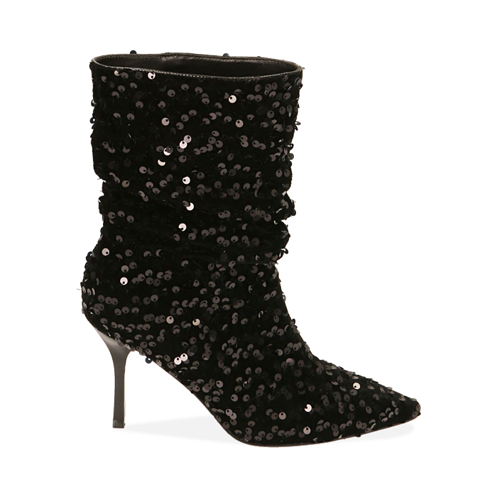 Ankle boots neri con paillettes, tacco 8,5 cm 