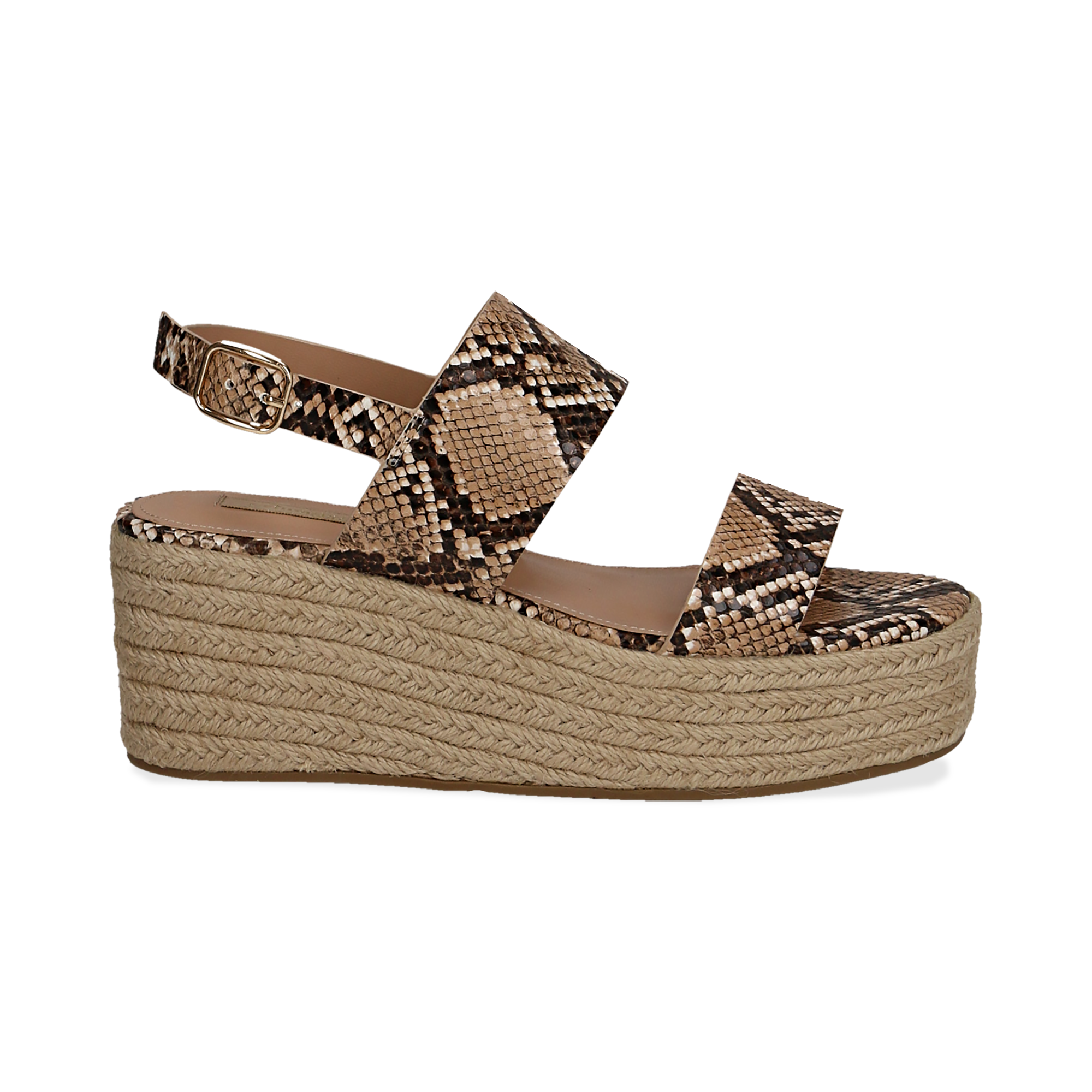 Sandali Platform Beige Effetto Snake Skin Zeppa In Corda 7 Cm