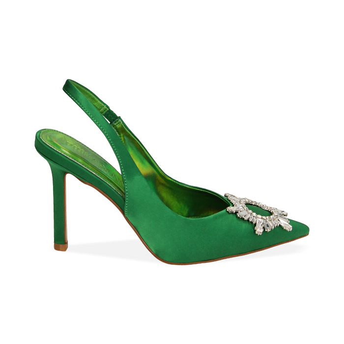 Zapatos destalonados verde en raso, tacón 10 cm