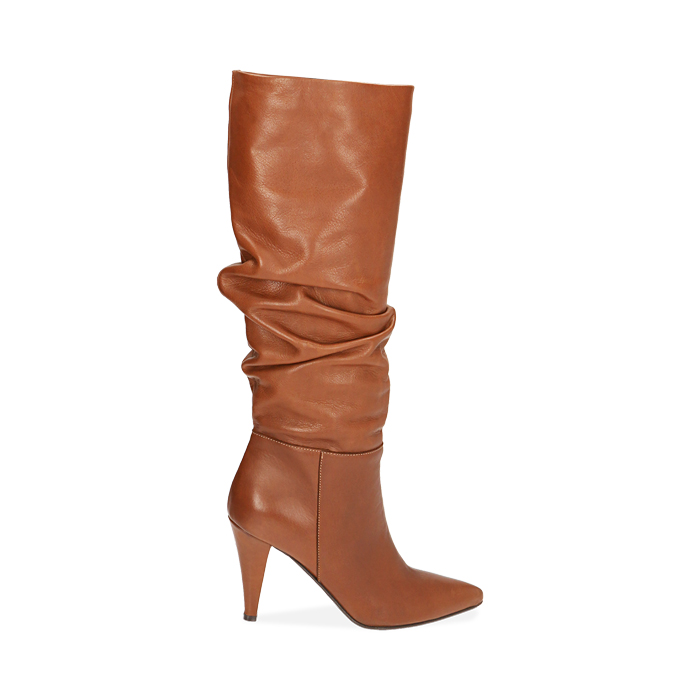 Stivali donna goffrati cognac in pelle, tacco 10 cm