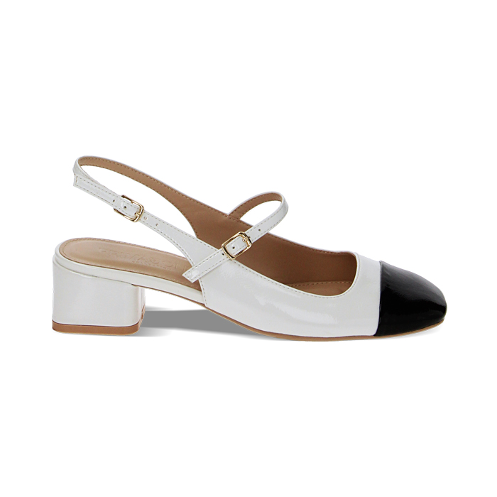 Décolleté slingback bianco-nere in naplack, tacco 5 cm