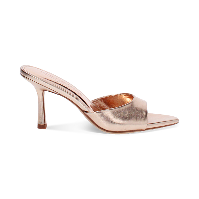 Mules open toe donna rosa oro in laminato, tacco 8,5 cm