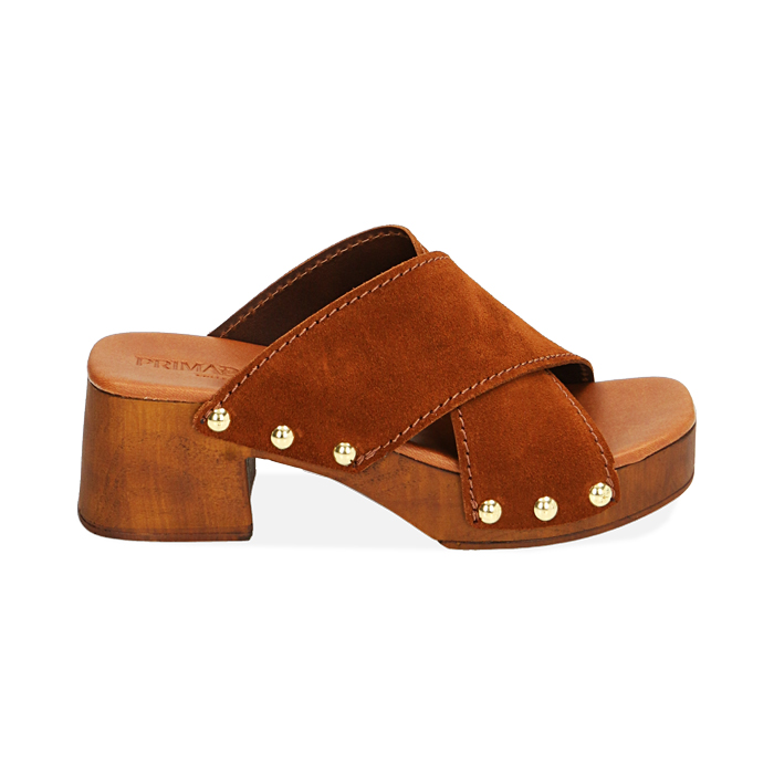 Sandali cognac in camoscio, tacco 5,5 cm