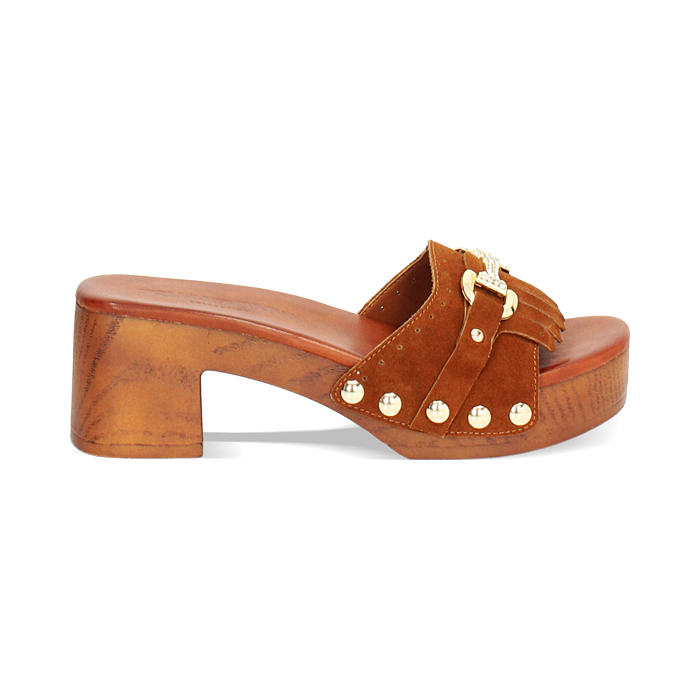 Zoccoli da donna con morsetto color cognac, in camoscio