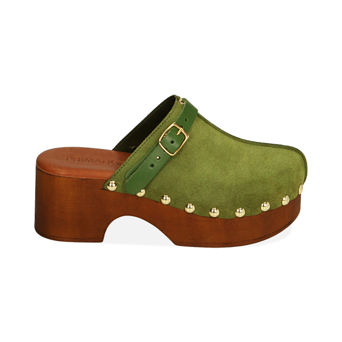 Clogs verde salvia in camoscio, tacco 6 cm 