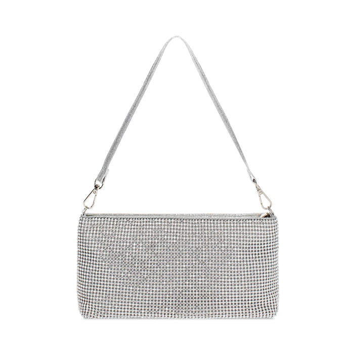 Mini bolsa de mujer plateada laminada con piedras
