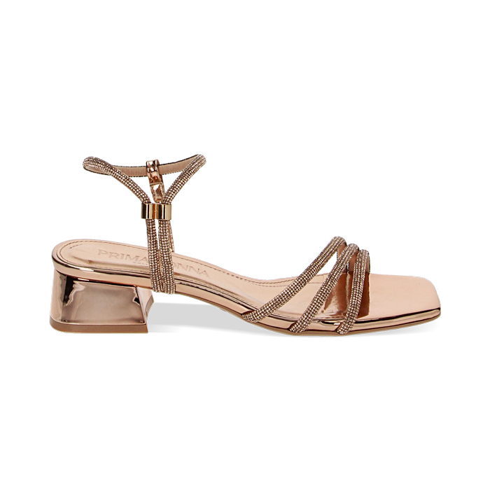 Sandales à talons rose-or miroir avec pierres