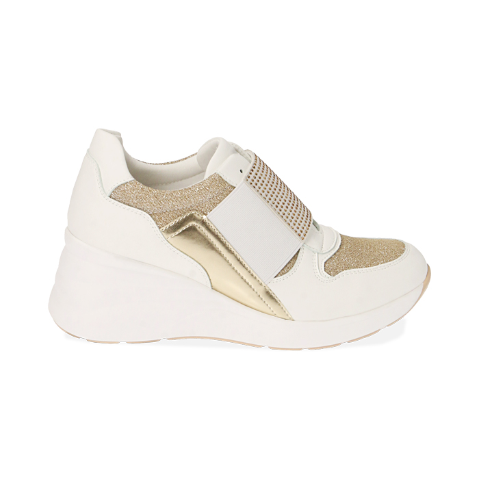 Slip-on bianco/oro, zeppa 5,5 cm 