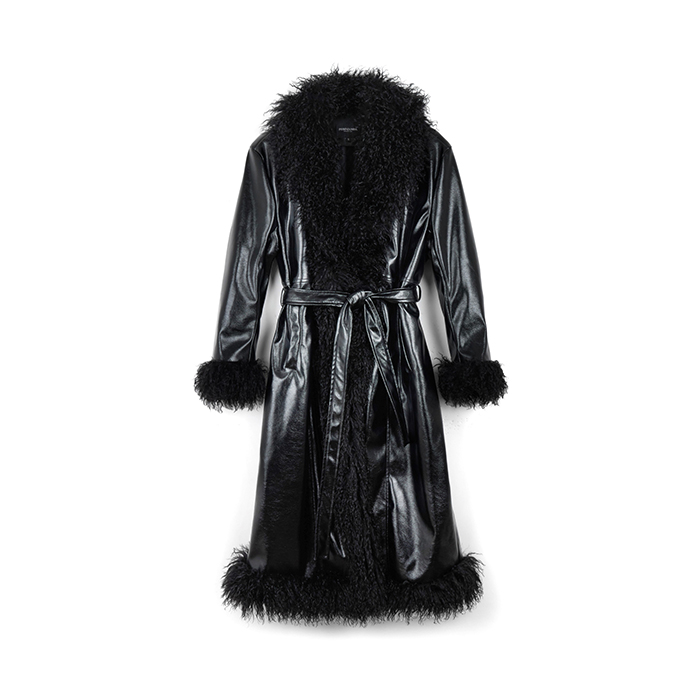 Trench nero in naplack con collo in pelliccia sintetica