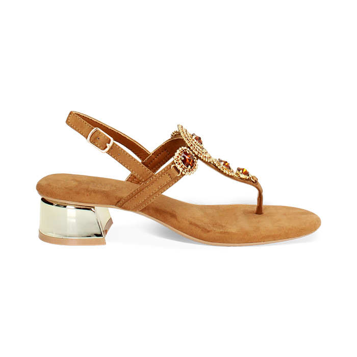 Sandalo con tacco basso donna cognac in microfibra