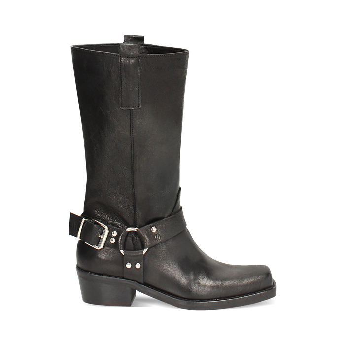 Biker neri in pelle lavata con accessorio sulla tomaia